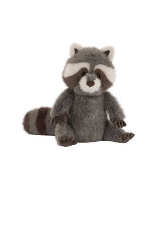 Stuffed raccoon toy with a white background