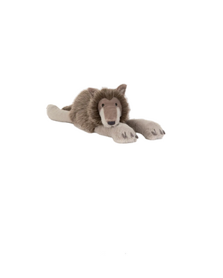 A plush stuffed wolf toy labeled 'Ulrich Wolf' shown on a product page against a white background, with price $83.00 USD and star rating information below.