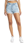 Just Kissed High Rise Short  Just Kissed is a high rise cutoff short. The shorts are made using 11.25oz ToughLove denim. It makes every pair look like an authentic vintage score -- it's mostly rigid but yields to your body in all the right ways where you need it to. Made partially of organic and recycled cotton, leaving you and the earth feeling brand new.  Firm Stretch in  65% Cotton, 34% Organic Cotton, 1% Elastane  Machine wash cold. 
