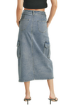 Keeping Tabs Denim Cargo Skirt  Body contour knit skirt with side slit   Material: 54% Cotton, 37% Polyester, 8% Viscose, 1% Spandex back