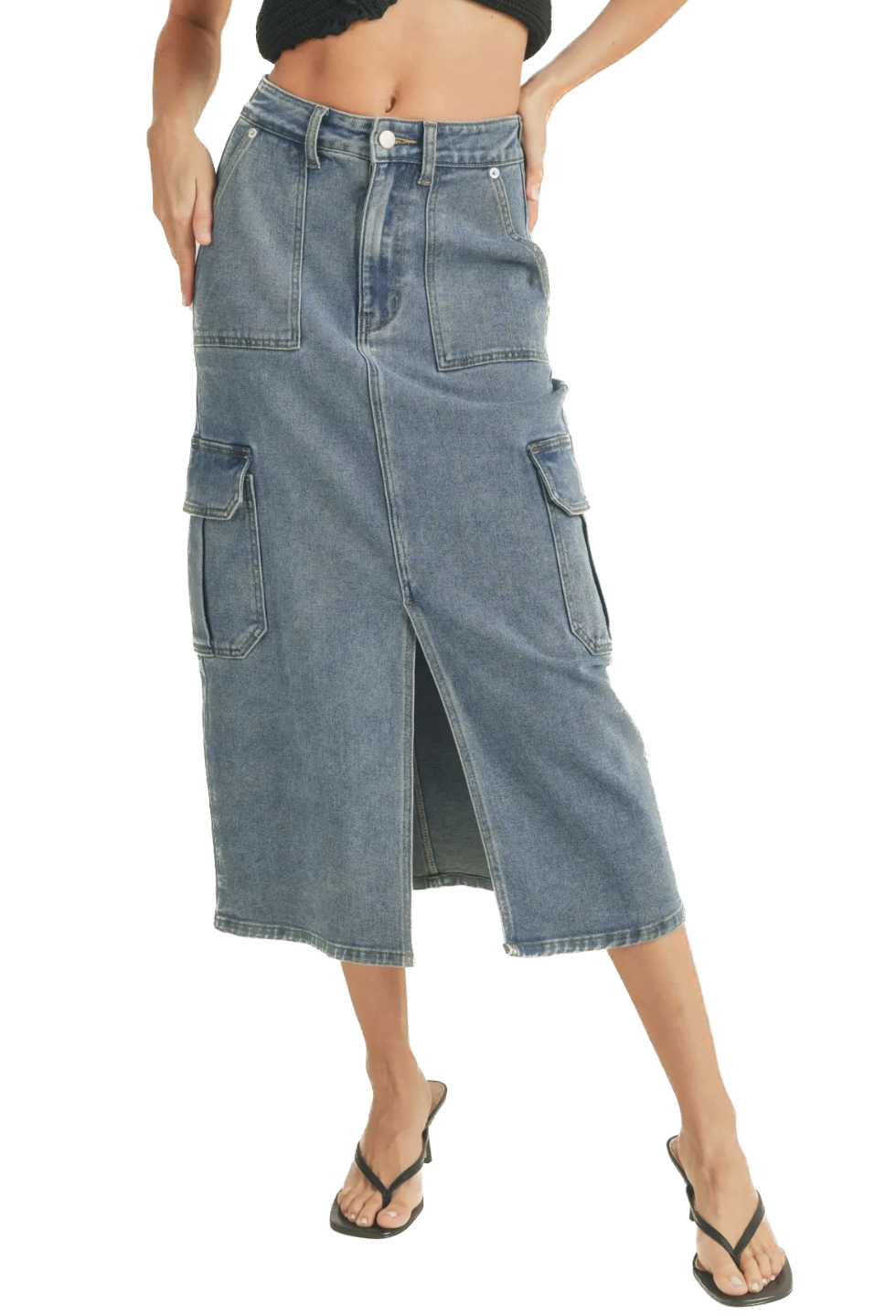 Keeping Tabs Denim Cargo Skirt  Body contour knit skirt with side slit   Material: 54% Cotton, 37% Polyester, 8% Viscose, 1% Spandex