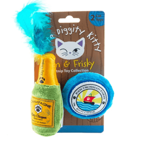 Cat toy with blue feather and green base on a Diggity Kitty branded card.