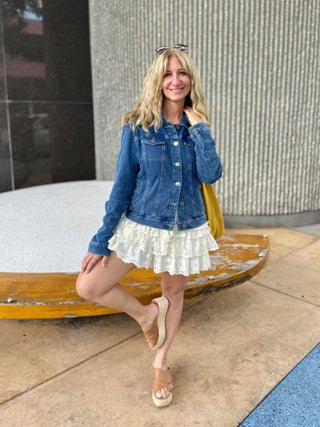 Jacket that looks like denim but is super soft and feels more like a sweatshirt.Button front long sleeve