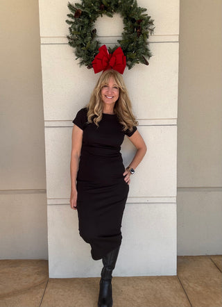 Knit Rayon Spandex Short Sleeve Bodycon Midi Dress Black