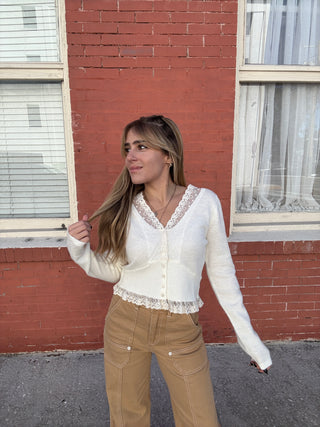Lace Cardigan Cream Button Front  v neck