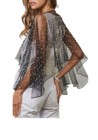 Lady Mae Bolero Cape is a rhinestone and pearl covered mesh cape.  100% POLYESTER Back View