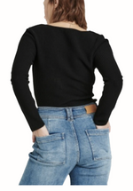 Lena Ribbed Sweater has long sleeves and sweet heart neckline.  Back View.   70% Viscose 30% Nylon