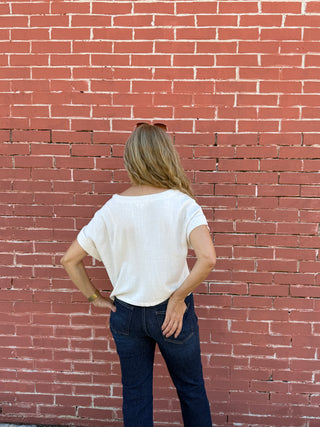 Linen Short Fold Sleeve Boxy Cut Top Back View