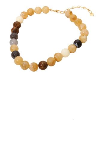 Two beaded bracelets shown on a plain white background, each made of round polished beads in multiple earthy and bright colors with gold-tone chain connectors. The top bracelet features tan, brown, cream, black, and gray beads; the bottom bracelet features dark brown, orange, light blue, green, yellow, and cream beads.