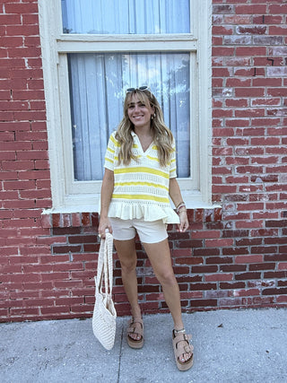 Ruffle Hem Short Sleeve Striped Sweater