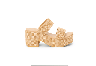 Beige woven platform sandals on a white background