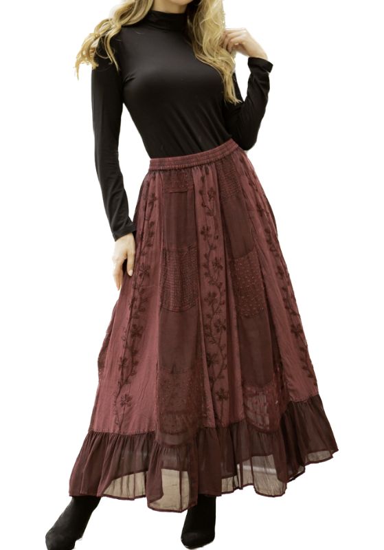 Merlot Tiered Skirt  Crafted with meticulous attention to detail, this A-line skirt features multiple tiers of mixed rayon embroidery patchwork panels and rayon crepe fabric. The combination of different textures and patterns adds depth and visual interest, creating a captivating and dynamic look. 
