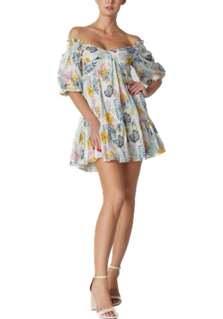 Mindful Bloom Mini Dress  OFF THE SHOULDER BALLOON SLEEVE MINI DRESS Material:  100% POLYESTER