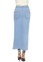 Miranda Sky Blue Midi Denim Skirt  The Miranda Sky Blue Midi Denim Skirt is a high waisted split thigh denim skirt featuring pockets at side and back. Back View.  Material: 70% Cotton, 28% Polyester, 2% Spandex