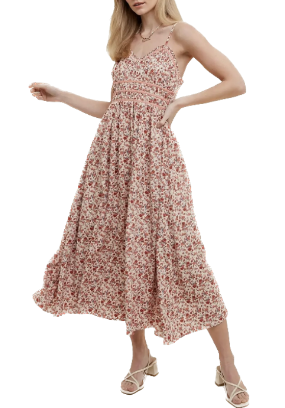 Miss Americana Floral Dress  Floral midi dress with piping detail - Adjustable straps and smocked back detail - Side pockets and lined  Material:  SELF: 100% POLYESTER / LINING: 100% POLYESTER