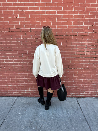 Mixed Fabric Mini Dress with Pleated Skirt Maroon