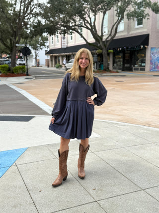 Mixed Media Long Sleeve French Terri knit Pleated Dress Navy