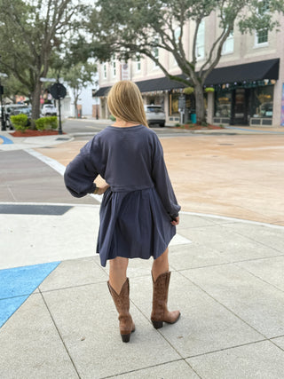 Mixed Media Long Sleeve French Terri knit Pleated Dress