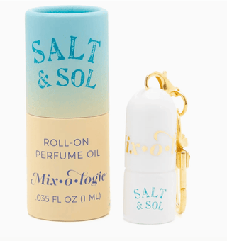 Roll-on perfume oil with 'Salt & Sol' branding on a white background