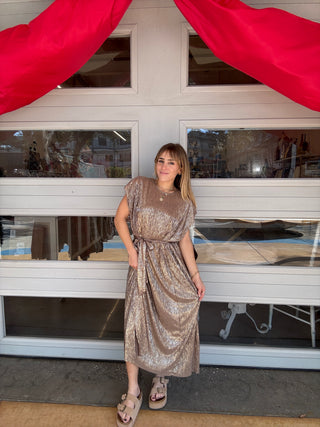 Mocha Gold Midi Dress  tie belt short sleeve