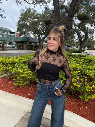 Mock Neck Lace Long Sleeve Top with Thumb Holes Black