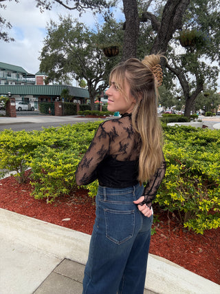 Mock Neck Lace Long Sleeve Top with Thumb Holes Black