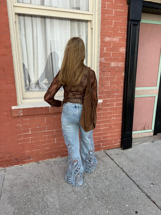 Mock Neck Lace Long Sleeve Top with Thumb Holes Brown