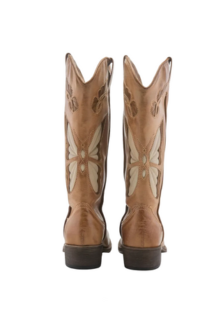 Pair of tan cowboy boots with decorative patterns on a white background
