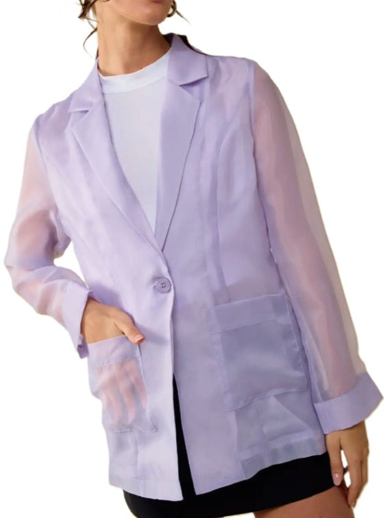 Lilac Love Organza Jacket  Button down see-through blazer in lavender organza. Front patch pockets.  Material: 100% Polyester