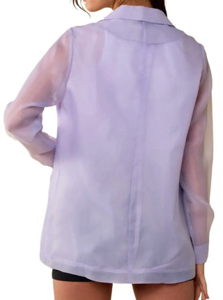 Lilac Love Organza Jacket  Button down see-through blazer in lavender organza. Front patch pockets.  Material: 100% Polyester Back