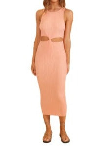 Vilma Knit Midi Dress  Fitted rib knit midi dress with cut-outs in peach - Stretch rib knit - Crew neckline - Front twist knot detail with waist cut outs  Brand: MINKPINK Material: 70% Viscose, 30% Polyester