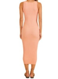 Vilma Knit Midi Dress  Fitted rib knit midi dress with cut-outs in peach - Stretch rib knit - Crew neckline - Front twist knot detail with waist cut outs  Brand: MINKPINK Material: 70% Viscose, 30% Polyester back