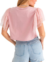 Fly Away Flutter Sleeve Top  Soft knit top with mesh flutter sleeve.   Material: Self, 100% Lining: 100% Polyester back pink