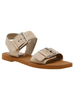 Santo Sandal in Sand Suede  A flat sole and two adjustable buckle straps make the SANTO square toe sandals an easy and comfortable everyday style.  Flat square toe sandal Ankle strap and front strap with buckle closure .75 inch heel height Leather upper material Synthetic lining Synthetic sole Imported alternate view