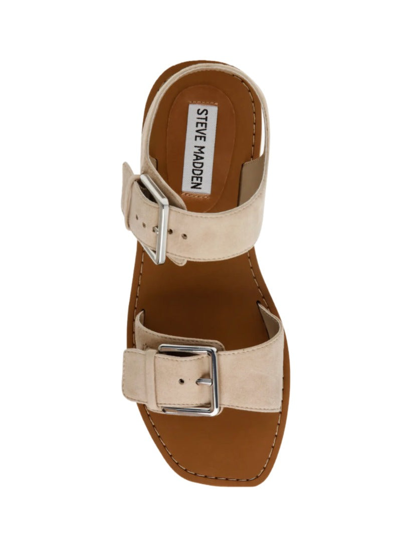 Santo Sandal in Sand Suede  A flat sole and two adjustable buckle straps make the SANTO square toe sandals an easy and comfortable everyday style.  Flat square toe sandal Ankle strap and front strap with buckle closure .75 inch heel height Leather upper material Synthetic lining Synthetic sole Imported