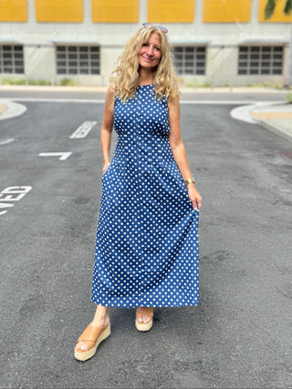  Navy and White  Polka Dot Midi Dress Sleeveless smocked back round neck