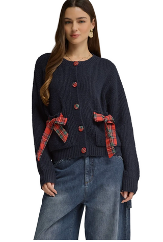 a woman wearing a Navy with Plaid Sweater
