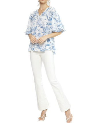 Antique print v-neck half sleeve top featuring pleating detail. Lined. Woven. Non-sheer. Lightweight.
