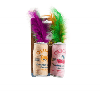 Two catnip toys with colorful feathers in their packaging on a white background