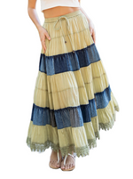 Olive Branch Tiered Midi Skirt Long tiered skirt, fully lined, with side pockets. Mixed and matched in denim and voile for a 60s vibe.   Material:  Denim and Cotton