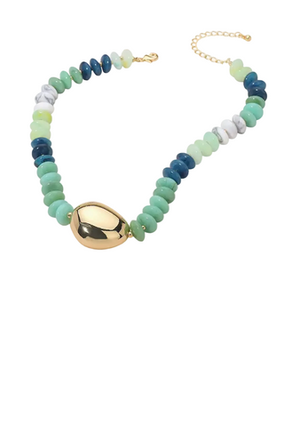 A collage of product photos showing a chunky beaded necklace with a large gold teardrop pendant. The beads transition through multiple colors including mint green, blue, white, yellow, pink, and red, with a gold chain clasp and extender.