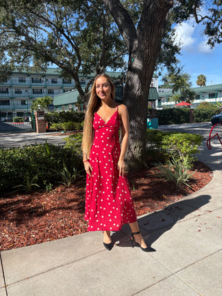 Open Back Maxi Dress red and cream polka dot pockets covered back buttons and adjustable straps