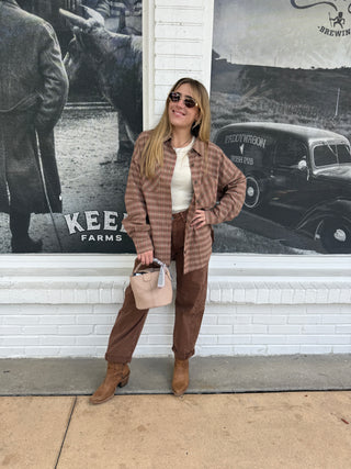 Oversized Button Down Plaid Shirt Button Detail on Back front pocket Blush pink olive khaki