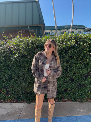 Oversized Plaid Jacket And Skirt Set Brown and Cream