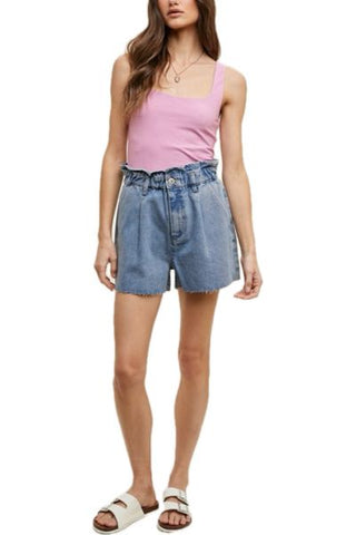 Paper bag Denim Shorts  PAPER BAG DISTRESSED COTTON DENIM SHORTS - BUTTON AND ZIP CLOSURE - BELT LOOPS AND POCKETS.  Material: 100% COTTON