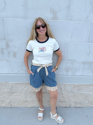 denim shorts with lace trim detail