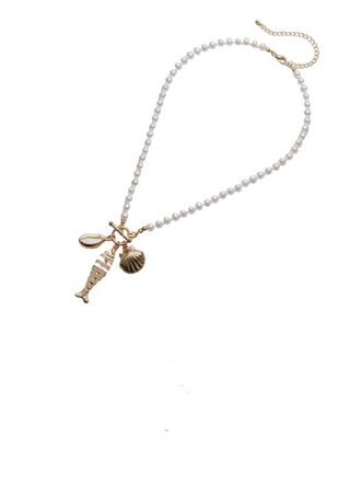 A pearl necklace with gold-tone and silver-tone sea-themed charms, including a fish skeleton, scallop shell, and toggle clasp, shown in a multi-panel product detail layout on a light beige background.