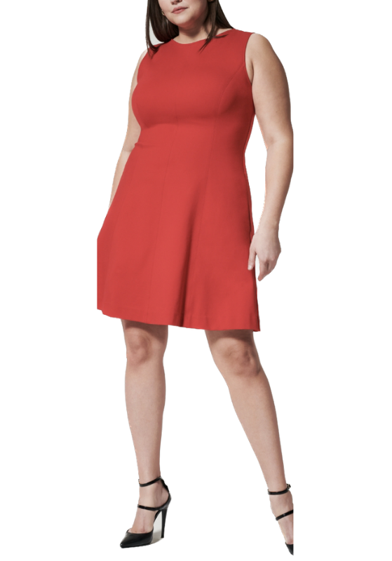 Spanx Perfect Fit & Flare Dress Red is designed using smoothing premium Ponte  fabric, this dress is versatile and easy to dress up or down for any occasion, plus it's machine-washable.  68%Rayon 28% Rayon 4%Elastaan 