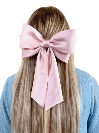 Perfect Long Satin Hair Bow Barrette Pink