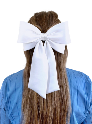Perfect Long Satin Hair Bow Barrette White